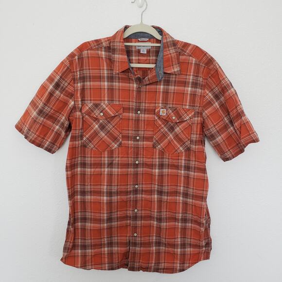 Carhartt Men's Size L TALL Pearl Snap Western Shirt Short Sleeve Orange Plaid - Picture 1 of 5